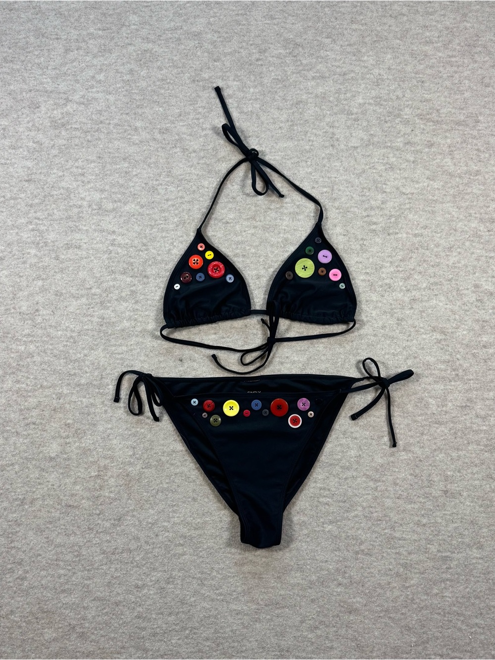 Black Button-Embellished Tie Bikini - Women Swim